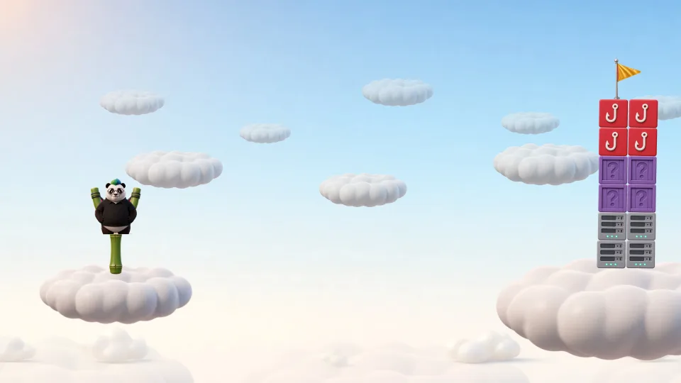 Vorschau des Schleuder-Levels: Panda auf einer Wolke und ein Turm aus Bedrohungsblöcken